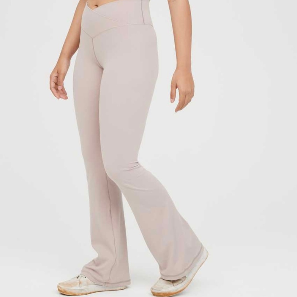Cream aerie high waisted cross over flare leggings